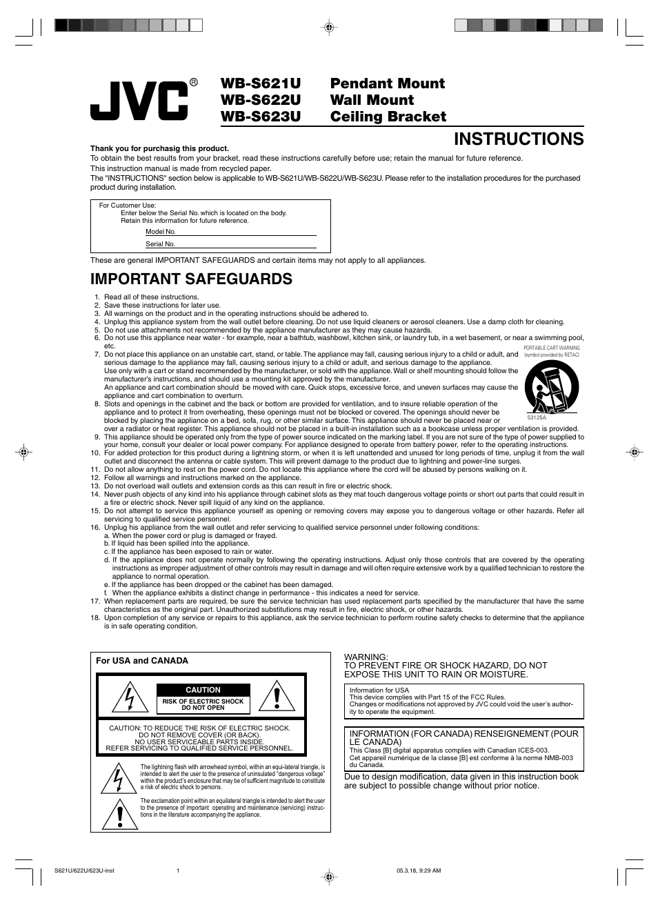 JVC Ceiling Bracket WB-S623U User Manual | 4 pages