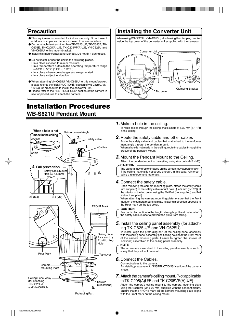 Installation procedures, Precaution, Wb-s621u pendant mount | Installing the converter unit | JVC Ceiling Bracket WB-S623U User Manual | Page 2 / 4