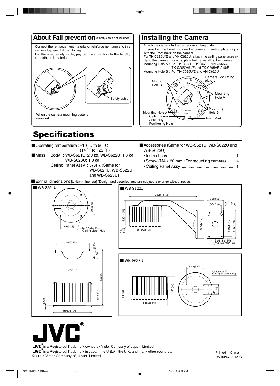 Specifications, About fall prevention installing the camera | JVC Ceiling Bracket WB-S623U User Manual | Page 4 / 4