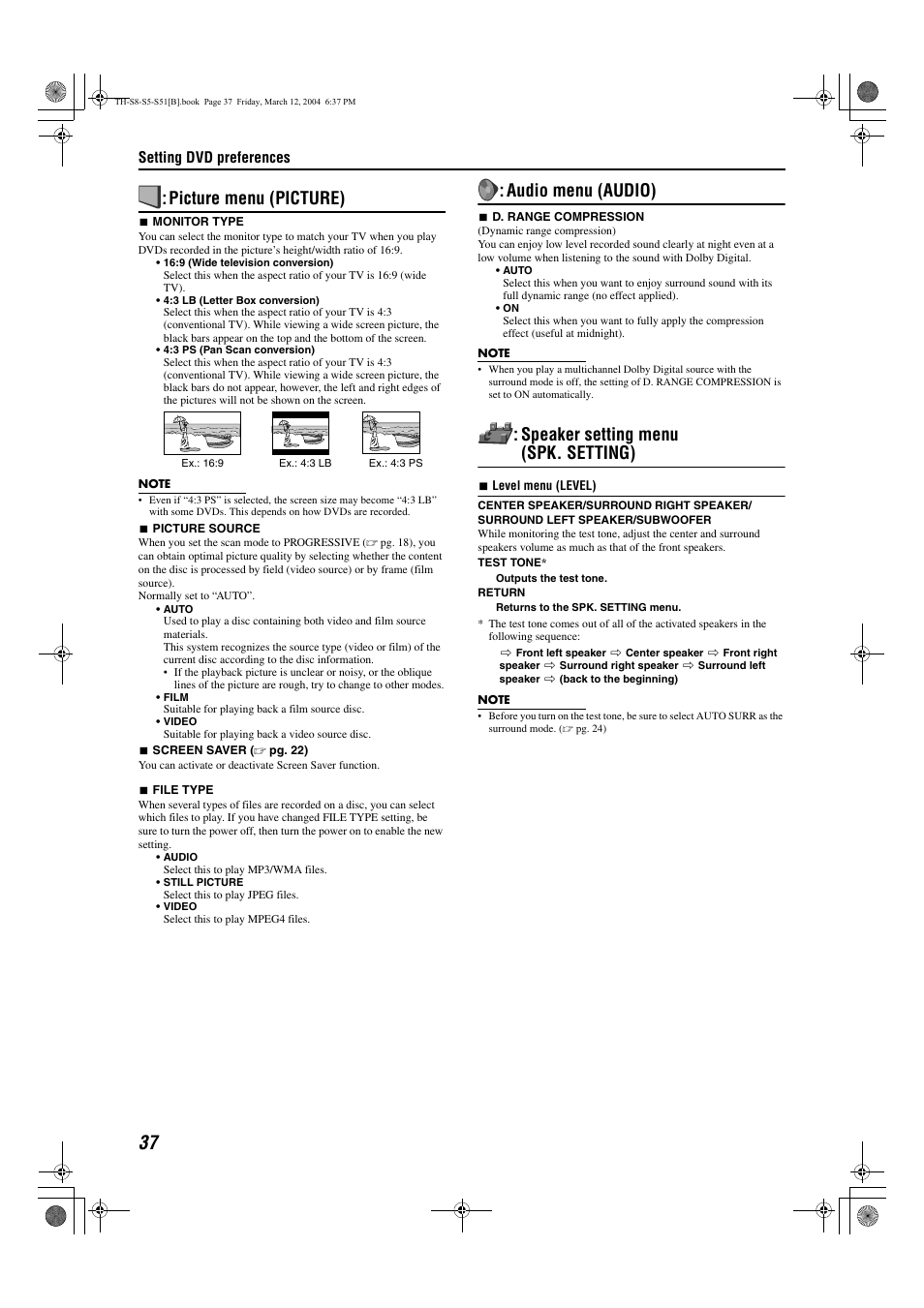 Picture menu (picture), Audio menu (audio), Speaker setting menu (spk. setting) | JVC SP-PWS51 User Manual | Page 40 / 50