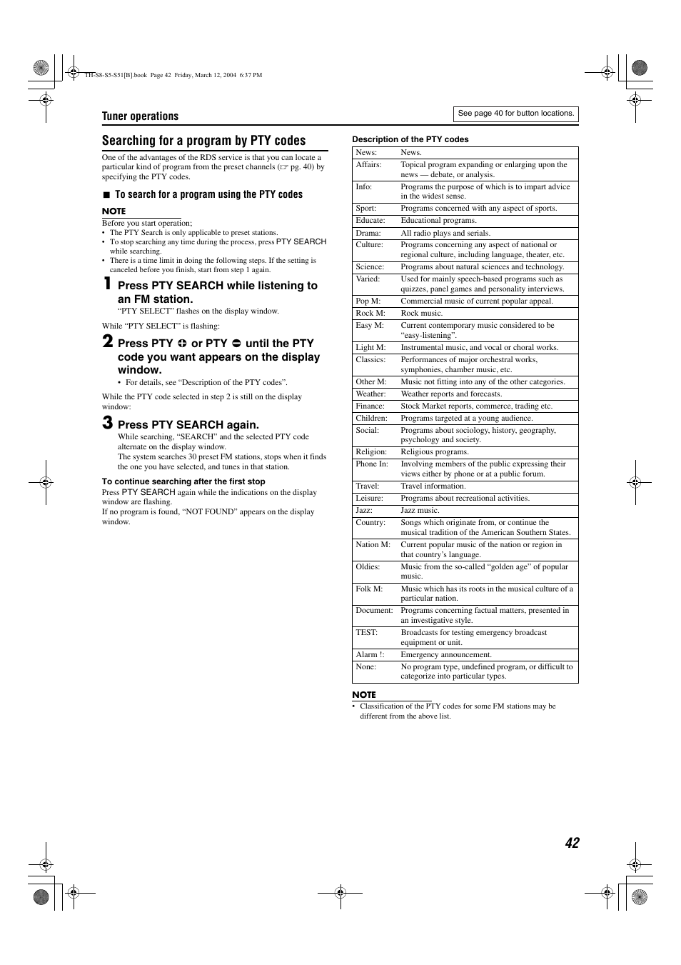 Searching for a program by pty codes | JVC SP-PWS51 User Manual | Page 45 / 50