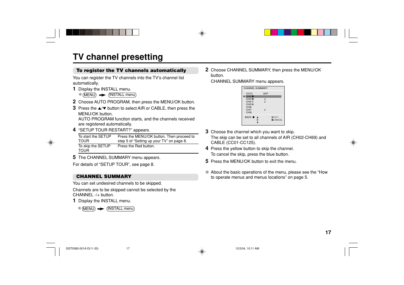 Tv channel presetting | JVC AV-25VT15 User Manual | Page 17 / 24