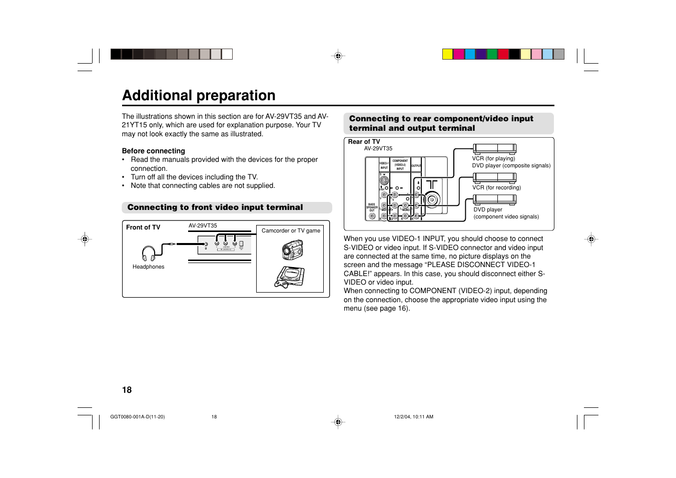 Additional preparation, Connecting to front video input terminal | JVC AV-25VT15 User Manual | Page 18 / 24