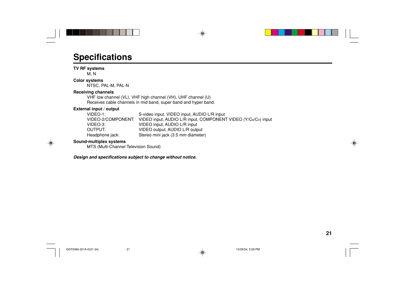 Specifications | JVC AV-25VT15 User Manual | Page 21 / 24