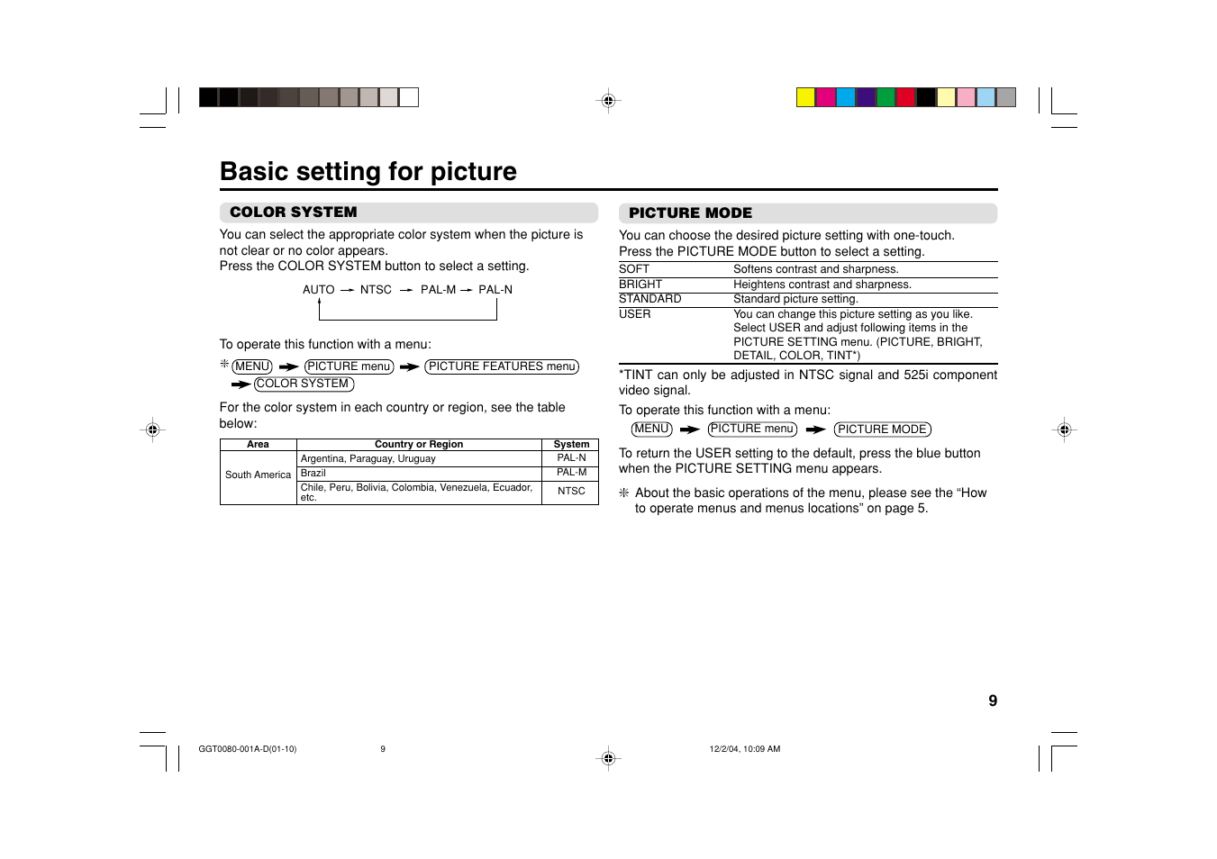 Basic setting for picture | JVC AV-25VT15 User Manual | Page 9 / 24