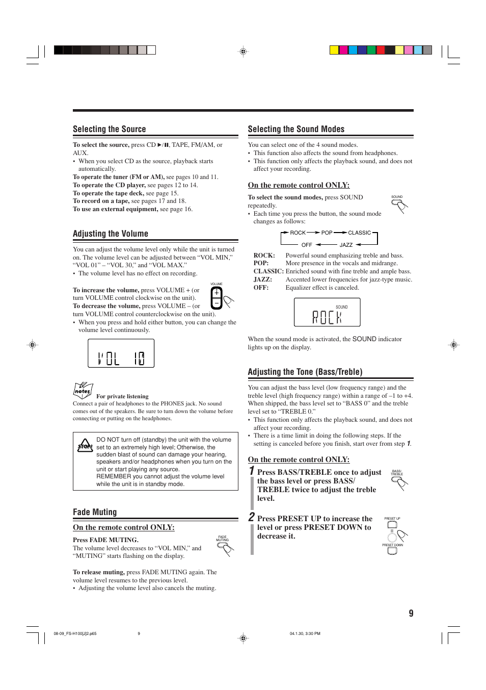 Selecting the source, Adjusting the volume, Fade muting | Selecting the sound modes, Adjusting the tone (bass/treble) | JVC FS-H100 User Manual | Page 11 / 28