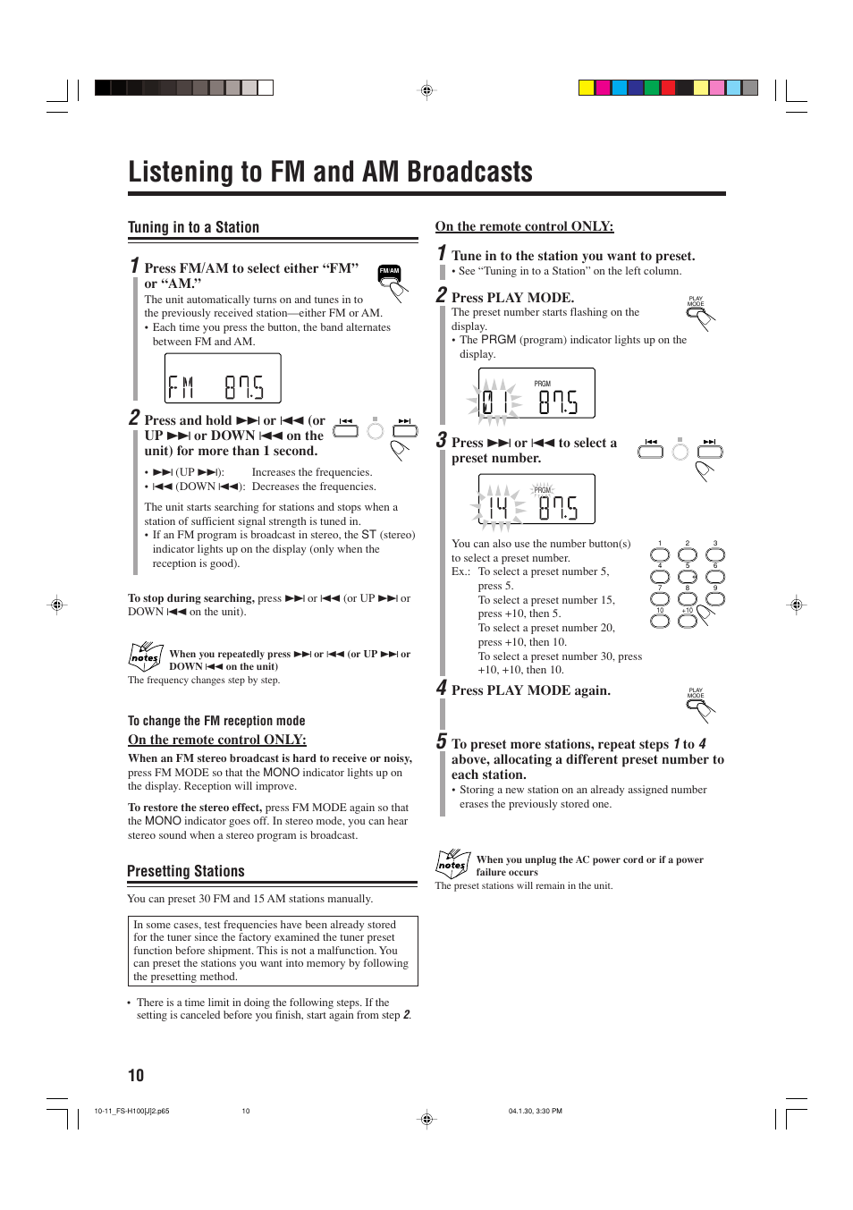 Listening to fm and am broadcasts, Tuning in to a station, Presetting stations | JVC FS-H100 User Manual | Page 12 / 28