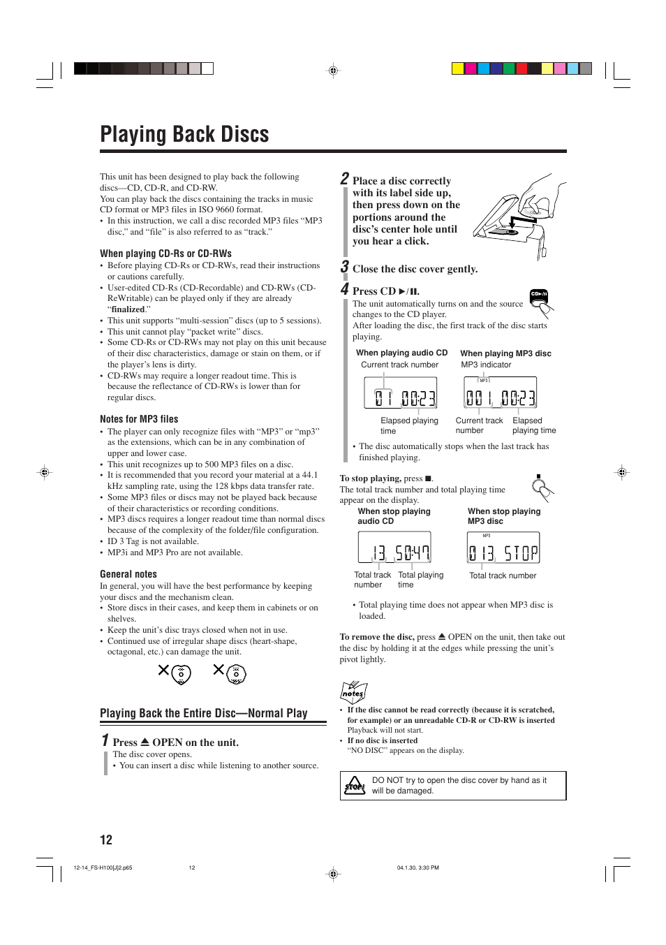 Playing back discs, Playing back the entire disc—normal play | JVC FS-H100 User Manual | Page 14 / 28