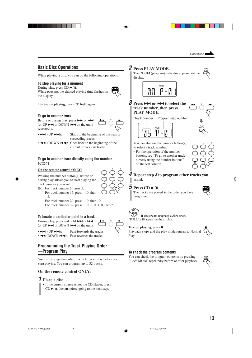 Basic disc operations, Programming the track playing order —program play | JVC FS-H100 User Manual | Page 15 / 28