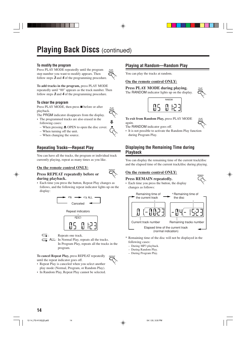 Playing back discs, Continued), Playing at random—random play | Displaying the remaining time during playback, Repeating tracks—repeat play | JVC FS-H100 User Manual | Page 16 / 28