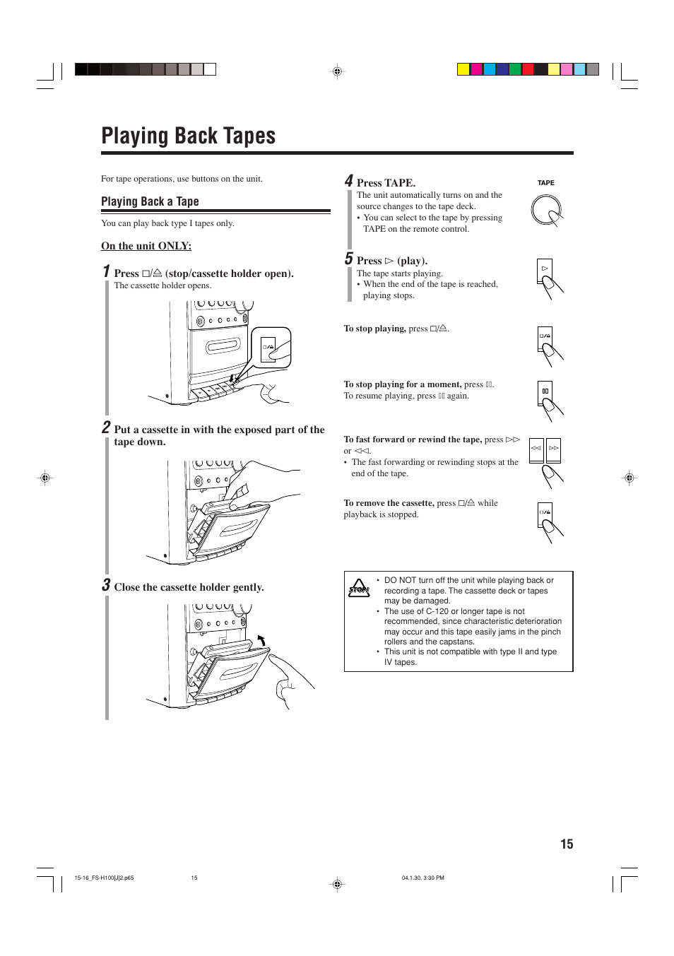 Playing back tapes | JVC FS-H100 User Manual | Page 17 / 28