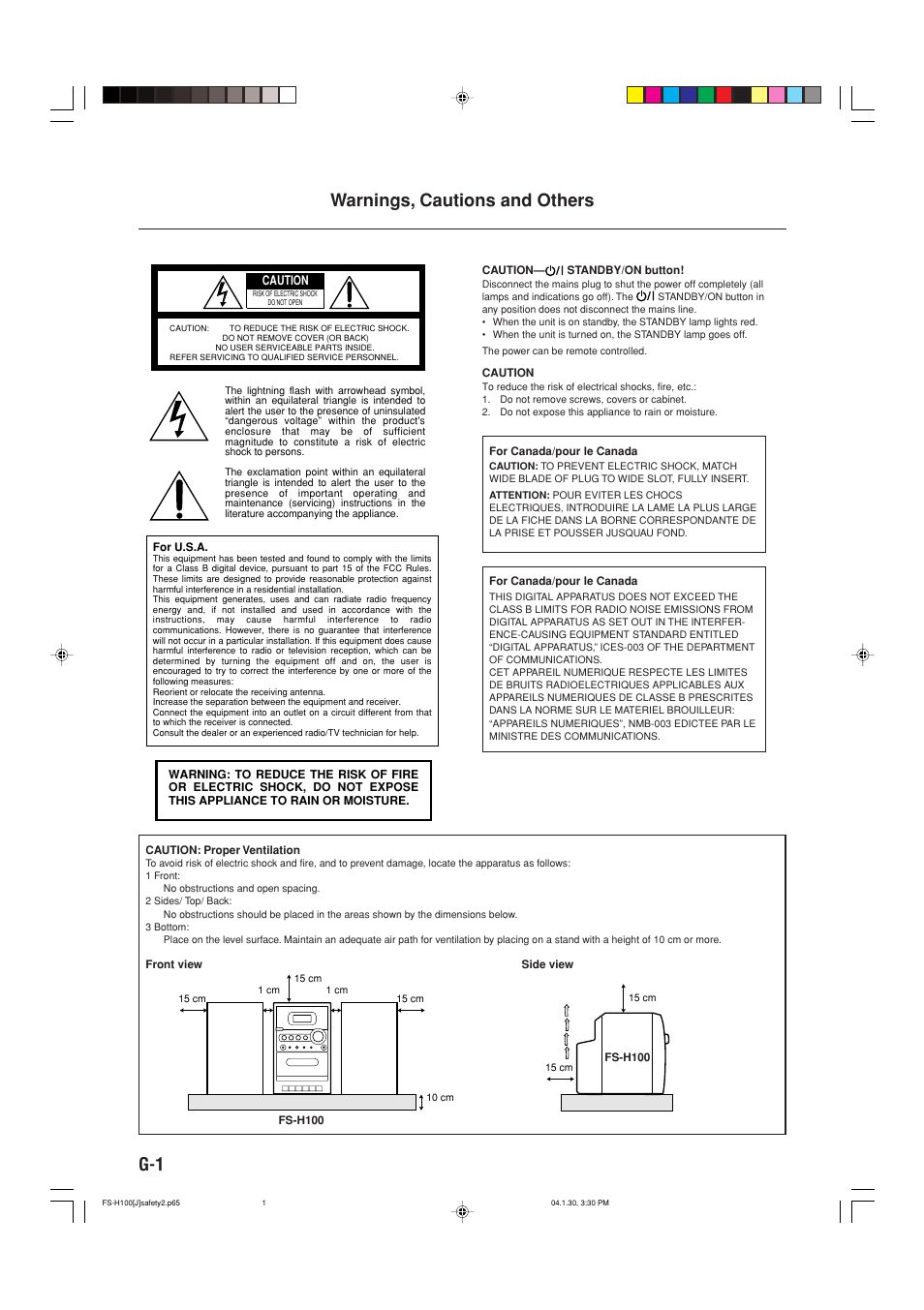 G-1 warnings, cautions and others | JVC FS-H100 User Manual | Page 2 / 28