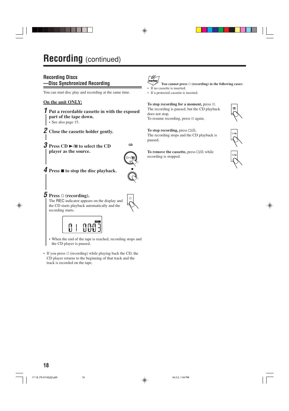 Recording, Continued) | JVC FS-H100 User Manual | Page 20 / 28