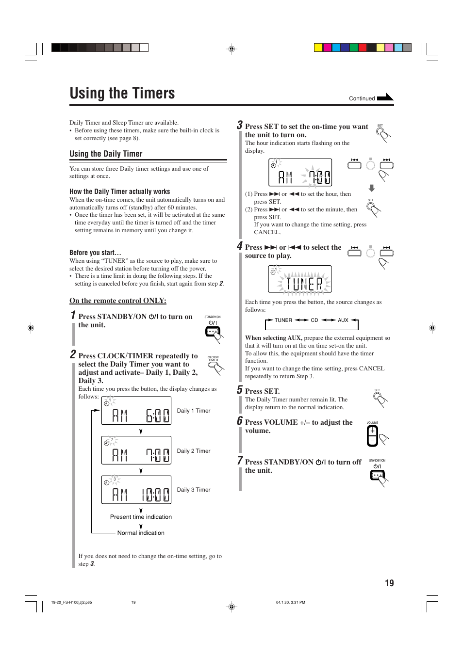 Using the timers, Using the daily timer | JVC FS-H100 User Manual | Page 21 / 28