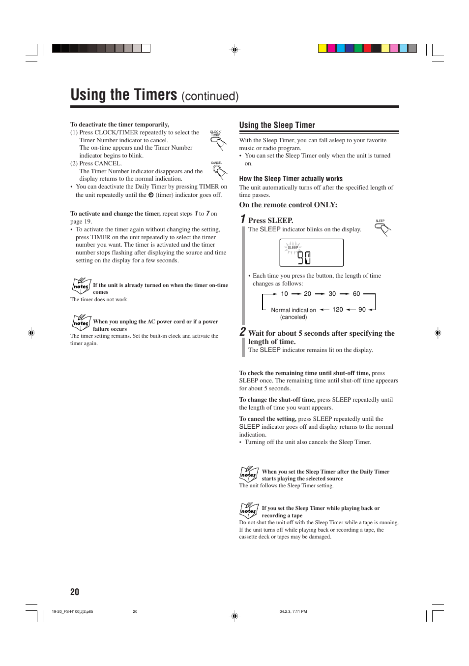 Using the timers, Continued), Using the sleep timer | JVC FS-H100 User Manual | Page 22 / 28