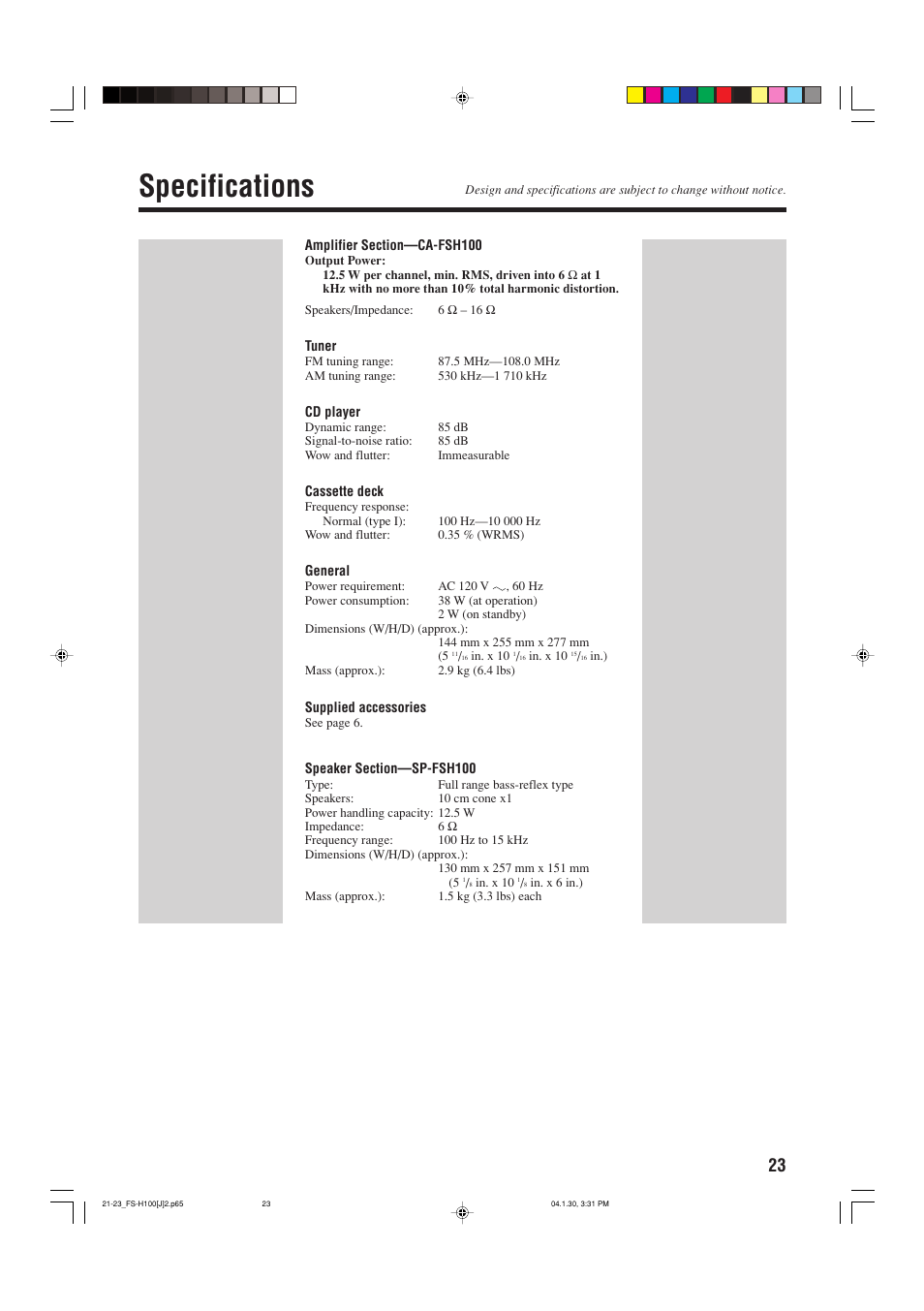 Specifications | JVC FS-H100 User Manual | Page 25 / 28