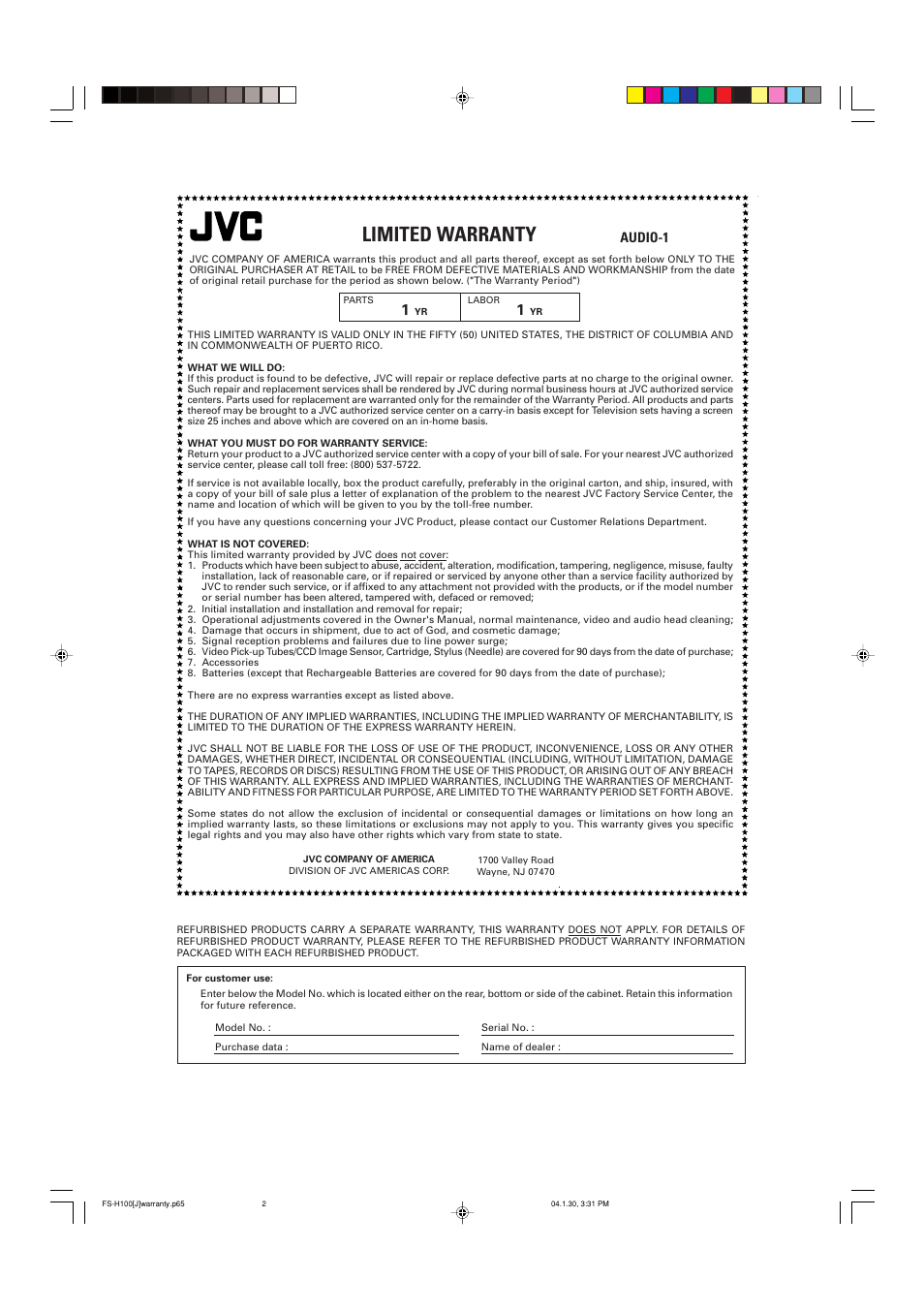 Limited warranty, Audio-1 | JVC FS-H100 User Manual | Page 26 / 28