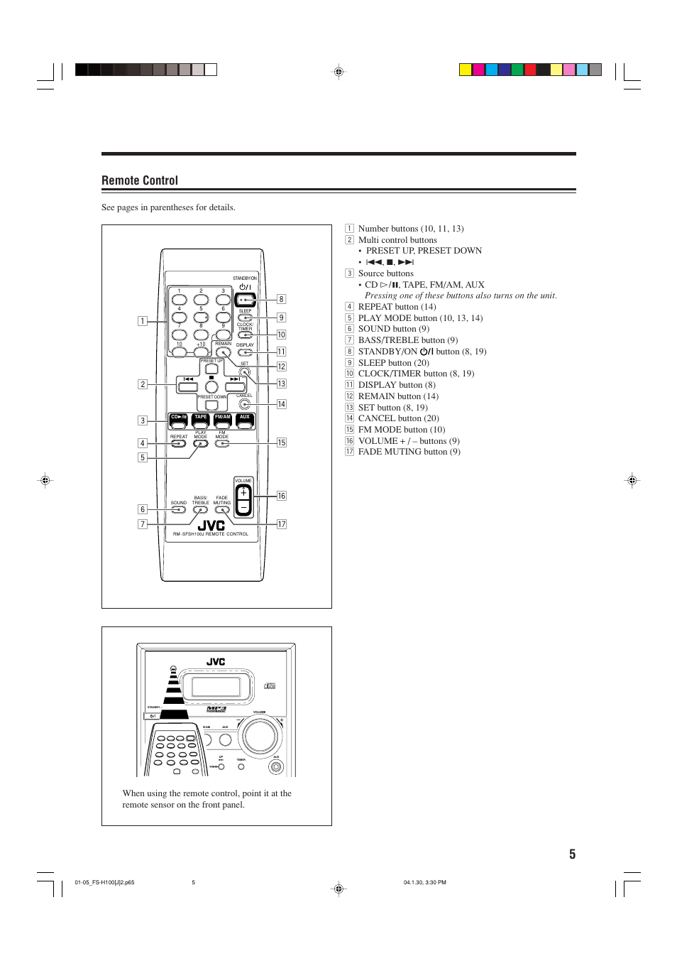 Remote control, See pages in parentheses for details | JVC FS-H100 User Manual | Page 7 / 28