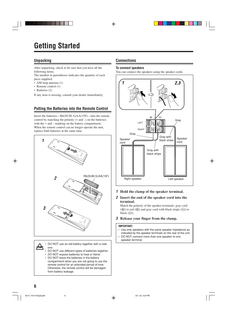 Getting started, Unpacking, Putting the batteries into the remote control | Connections | JVC FS-H100 User Manual | Page 8 / 28