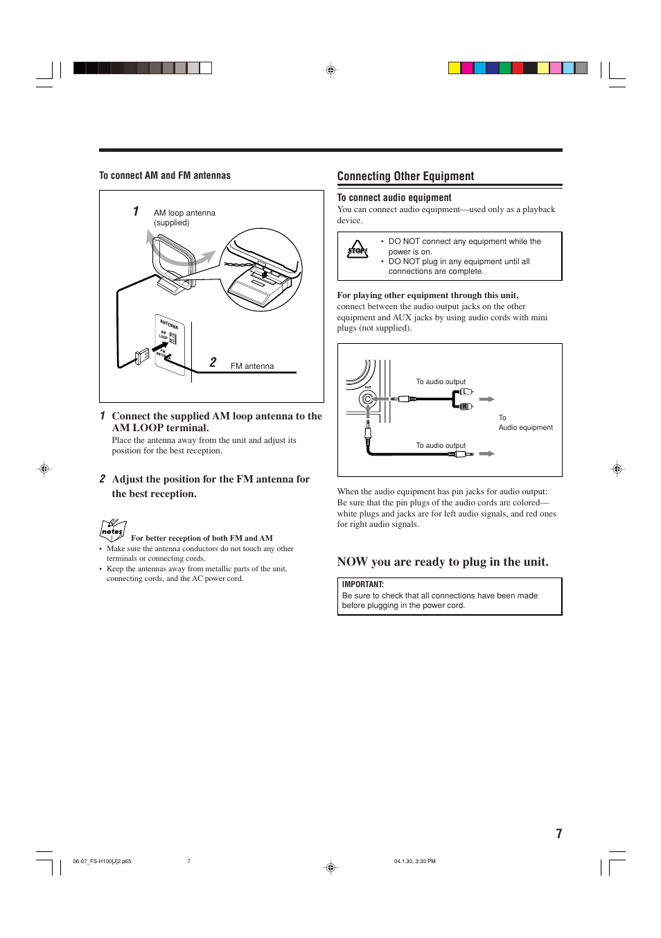 Now you are ready to plug in the unit, Connecting other equipment | JVC FS-H100 User Manual | Page 9 / 28