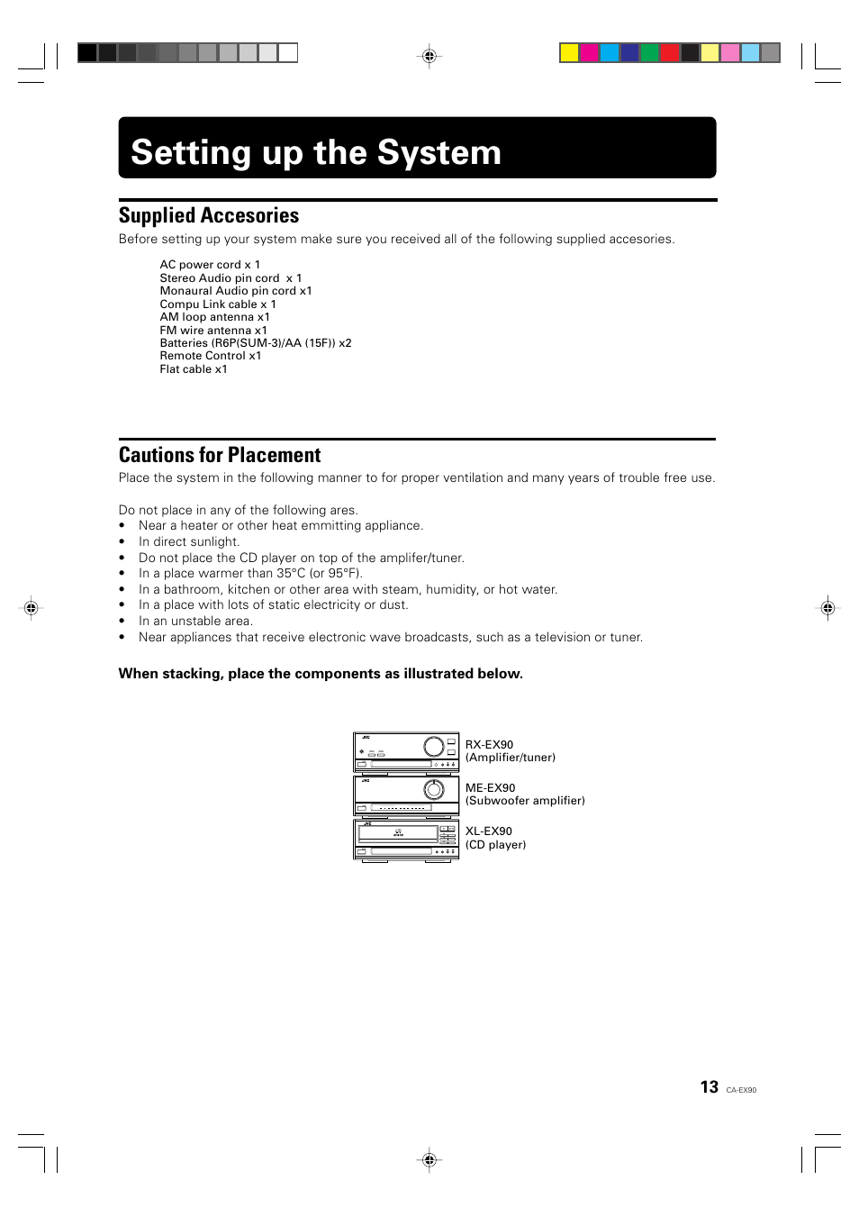 Setting up the system, Supplied accesories, Cautions for placement | JVC CA-EX90 User Manual | Page 13 / 54