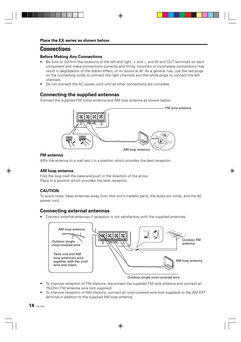 Connections, Connecting the supplied antennas, Connecting external antennas | Place the ex series as shown below, Before making any connections, Fm antenna, Am loop antenna, Caution | JVC CA-EX90 User Manual | Page 14 / 54