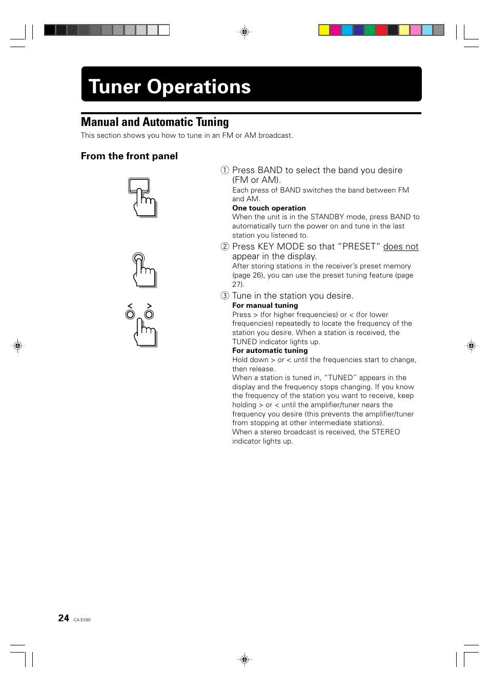 Tuner operations, Manual and automatic tuning | JVC CA-EX90 User Manual | Page 24 / 54