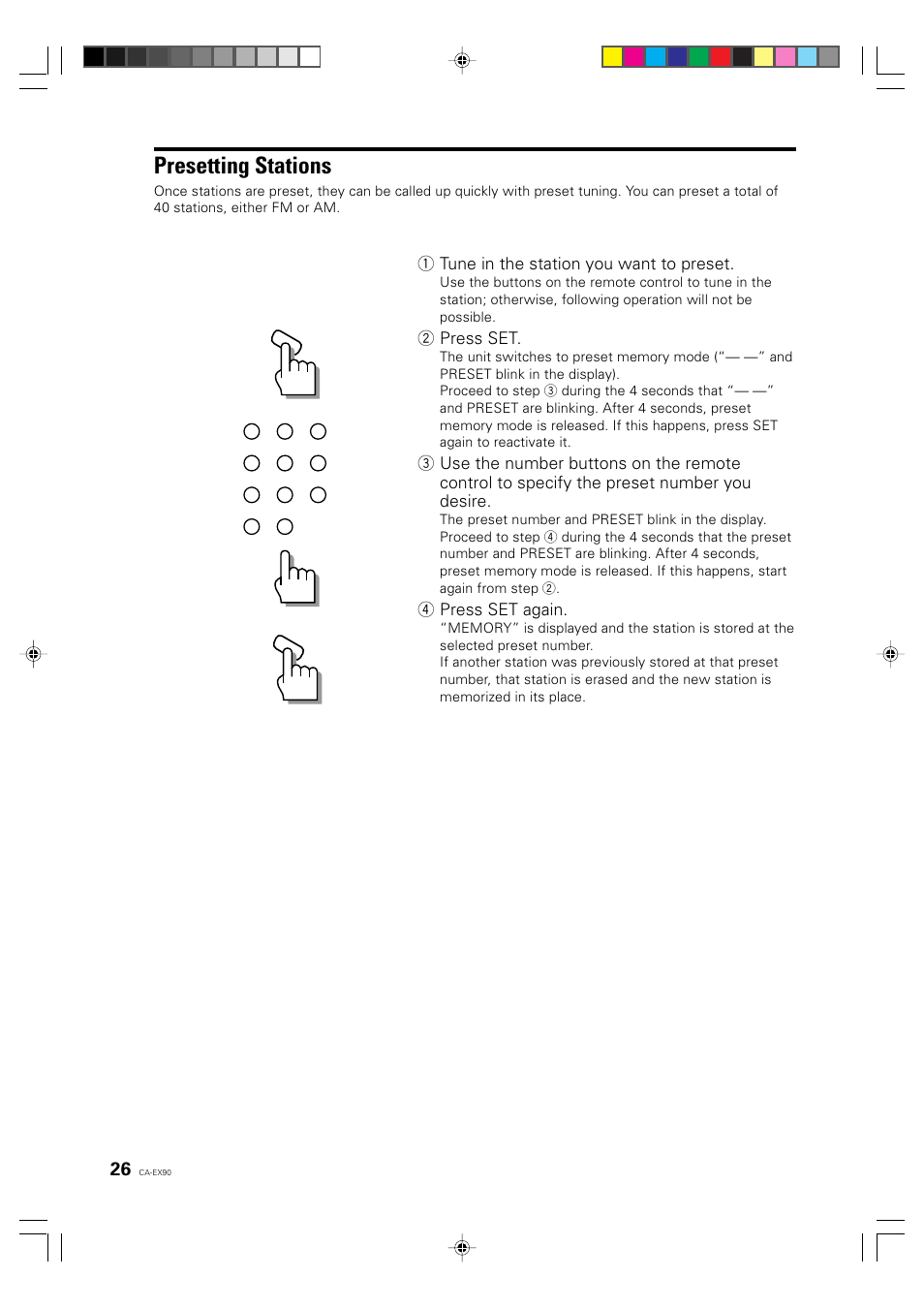 Presetting stations, 1 tune in the station you want to preset, 2 press set | 4 press set again | JVC CA-EX90 User Manual | Page 26 / 54