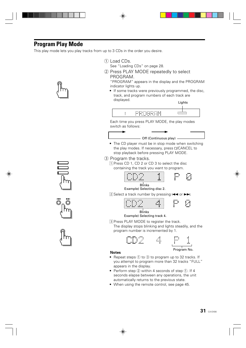 Program play mode, 1 load cds, 2 press play mode repeatedly to select program | 3 program the tracks | JVC CA-EX90 User Manual | Page 31 / 54