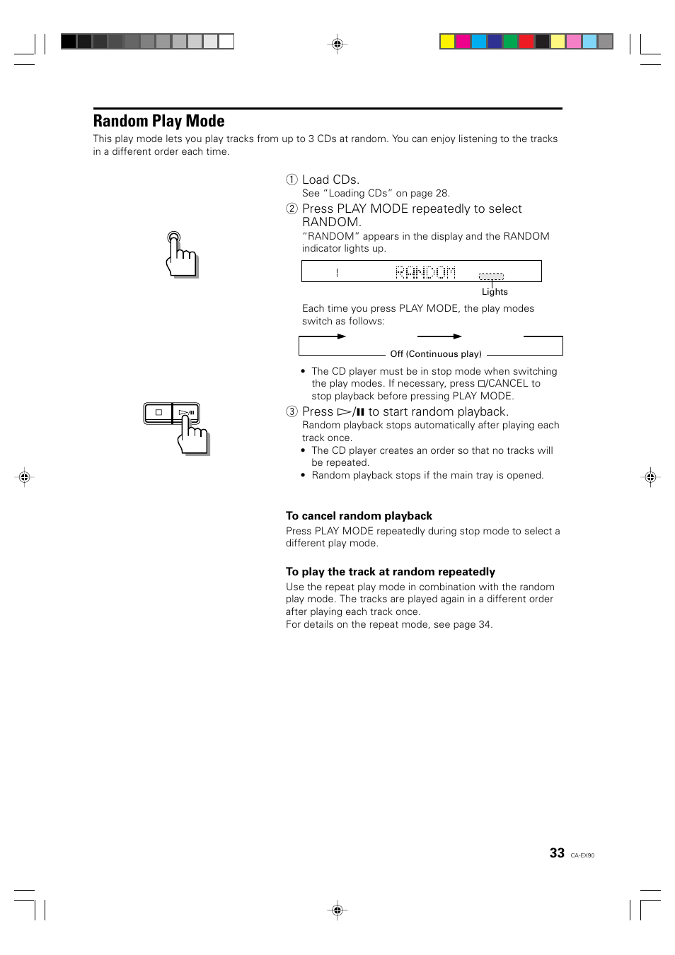 Random play mode, 1 load cds, 2 press play mode repeatedly to select random | 3 press ‹/8 to start random playback | JVC CA-EX90 User Manual | Page 33 / 54