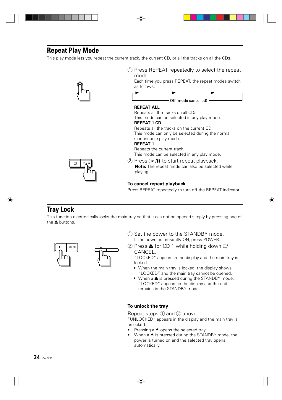 Repeat play mode, Tray lock | JVC CA-EX90 User Manual | Page 34 / 54