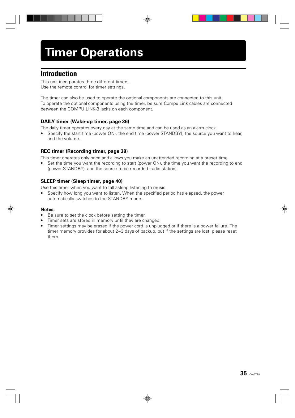 Timer operations, Introduction | JVC CA-EX90 User Manual | Page 35 / 54