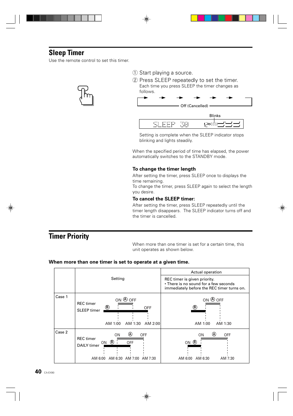 Sleep timer, Timer priority | JVC CA-EX90 User Manual | Page 40 / 54