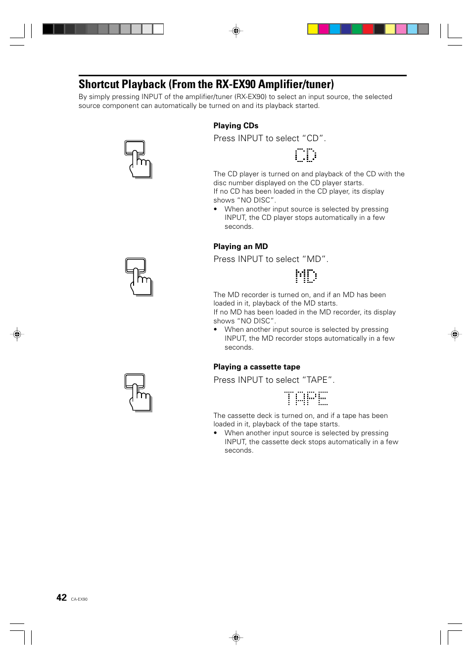 Press input to select “cd, Press input to select “md, Press input to select “tape | JVC CA-EX90 User Manual | Page 42 / 54