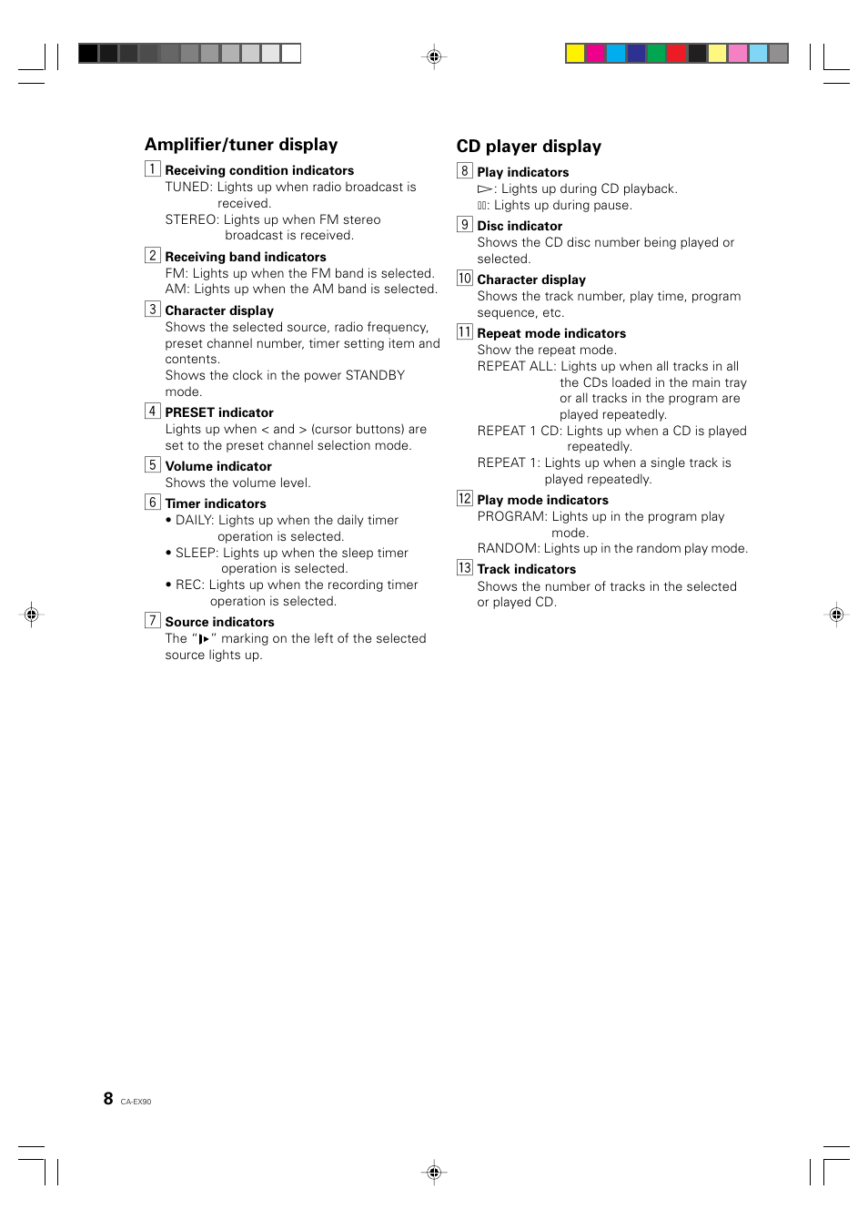 Cd player display 8, Amplifier/tuner display 1 | JVC CA-EX90 User Manual | Page 8 / 54