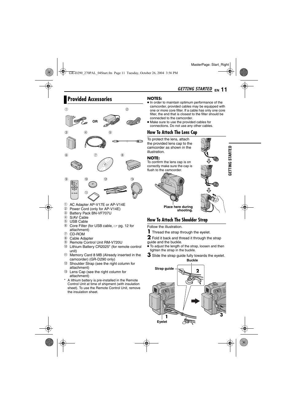 Provided accessories, How to attach the lens cap, How to attach the shoulder strap | Pg. 11) | JVC GR-D290  EN User Manual | Page 11 / 56