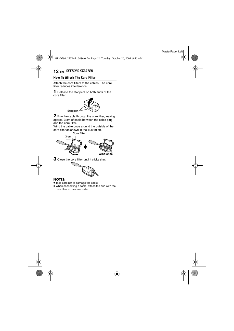 How to attach the core filter | JVC GR-D290  EN User Manual | Page 12 / 56