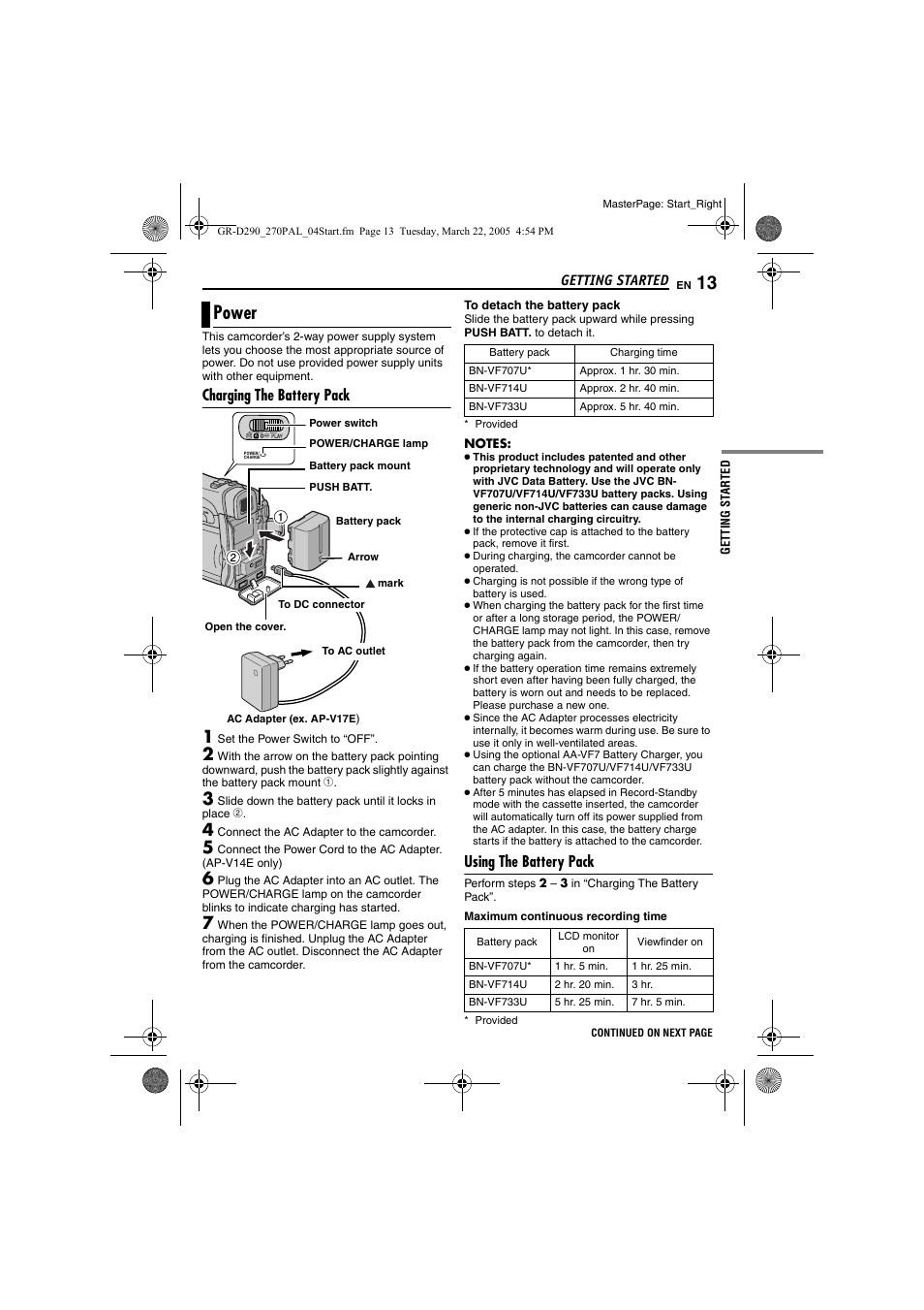 Power, Charging the battery pack, Using the battery pack | Pg. 13), Pg. 13 | JVC GR-D290  EN User Manual | Page 13 / 56