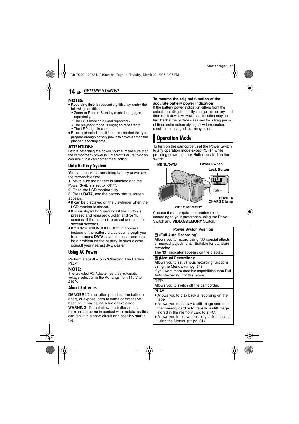 Data battery system, Using ac power, About batteries | Operation mode, Tton, Pg. 14), De (੬ pg. 14) | JVC GR-D290  EN User Manual | Page 14 / 56