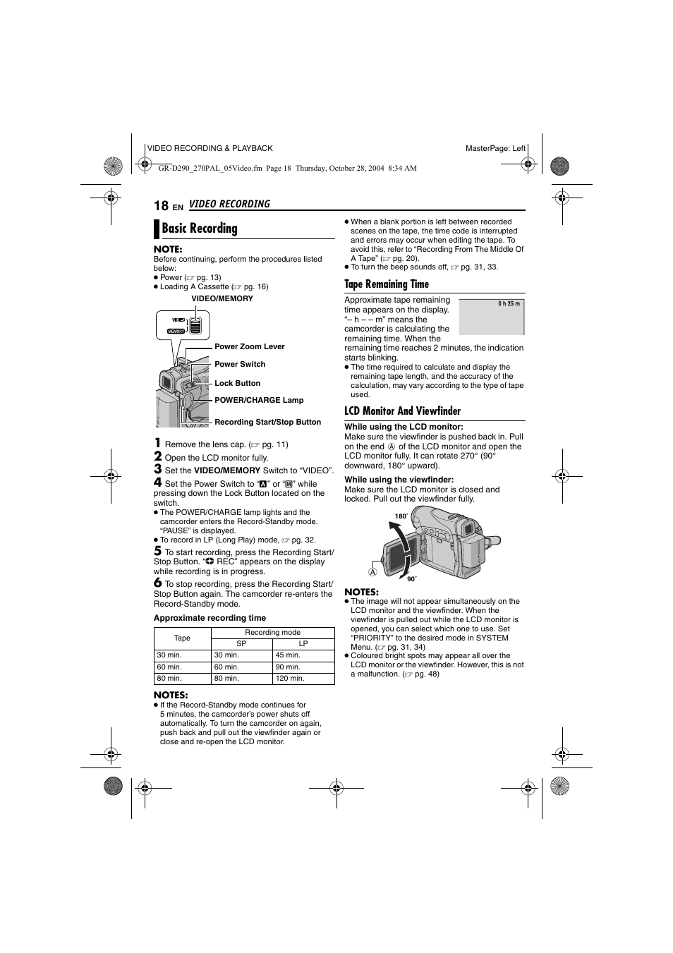 Video recording, Basic recording, Tape remaining time | Lcd monitor and viewfinder, Video recording & playback, 18 lcd monitor and viewfinder, Pg. 18), Pg. 18, 1 | JVC GR-D290  EN User Manual | Page 18 / 56