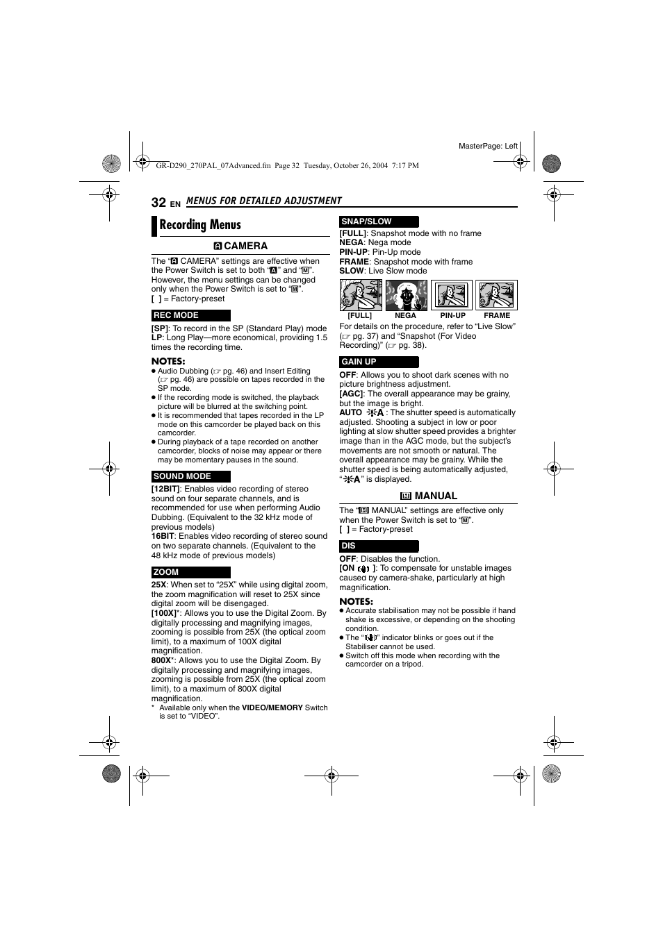 Recording menus, Pg. 32), Sound mod | Pg. 32 | JVC GR-D290  EN User Manual | Page 32 / 56