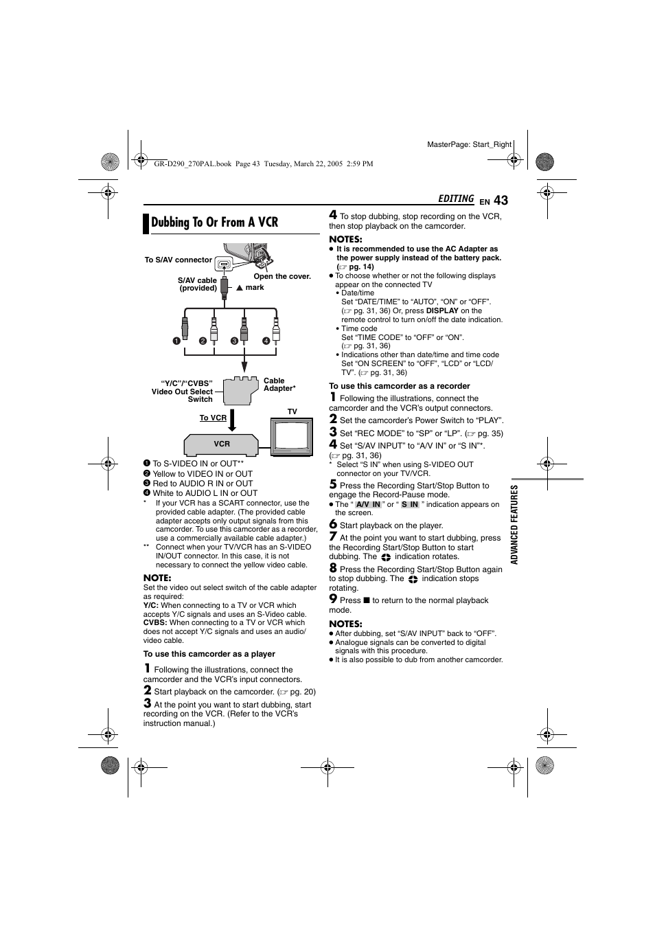 Editing, Dubbing to or from a vcr, Pg. 43, 4 | Pg. 43) | JVC GR-D290  EN User Manual | Page 43 / 56