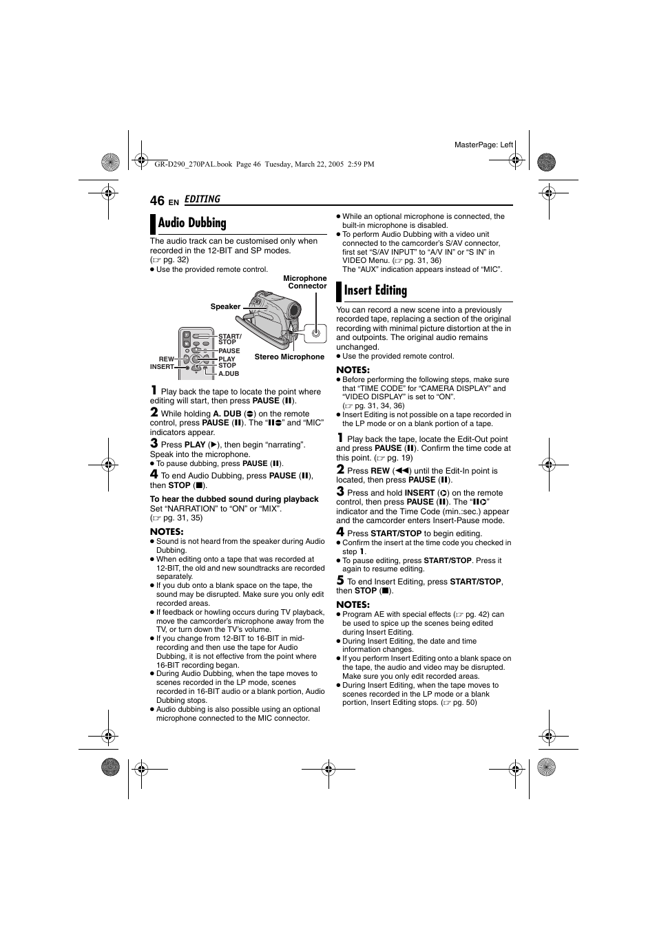 Audio dubbing, Insert editing, 46 insert editing | Pg. 46), Pg. 46) and i, Pg. 46) a | JVC GR-D290  EN User Manual | Page 46 / 56