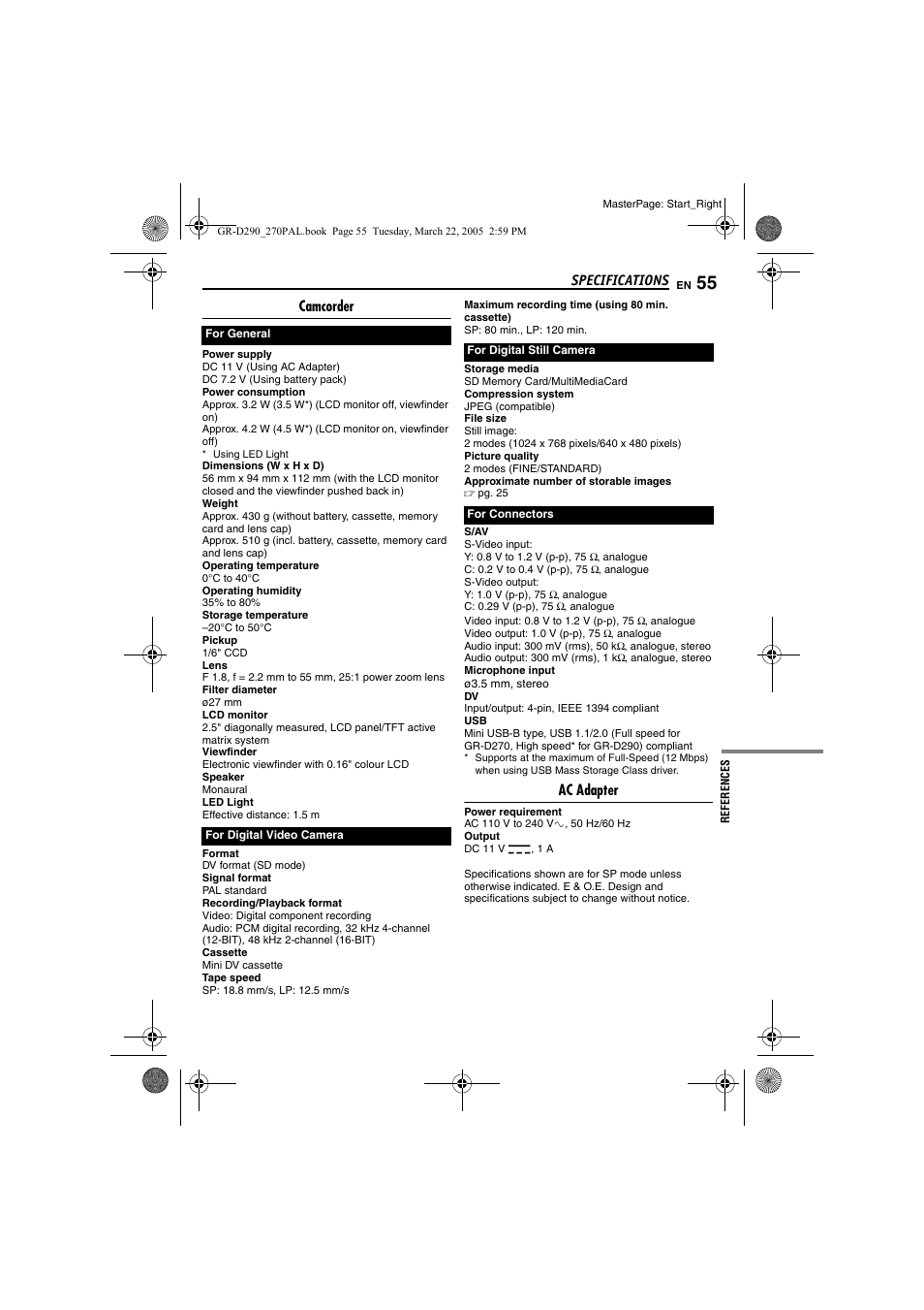 Specifications, Camcorder, Ac adapter | JVC GR-D290  EN User Manual | Page 55 / 56