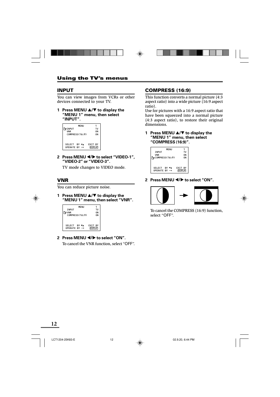 Input, Compress (16:9) | JVC AV-20N83 User Manual | Page 12 / 22