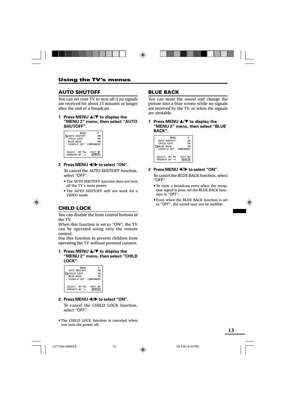 Auto shutoff, Child lock, Blue back | JVC AV-20N83 User Manual | Page 13 / 22