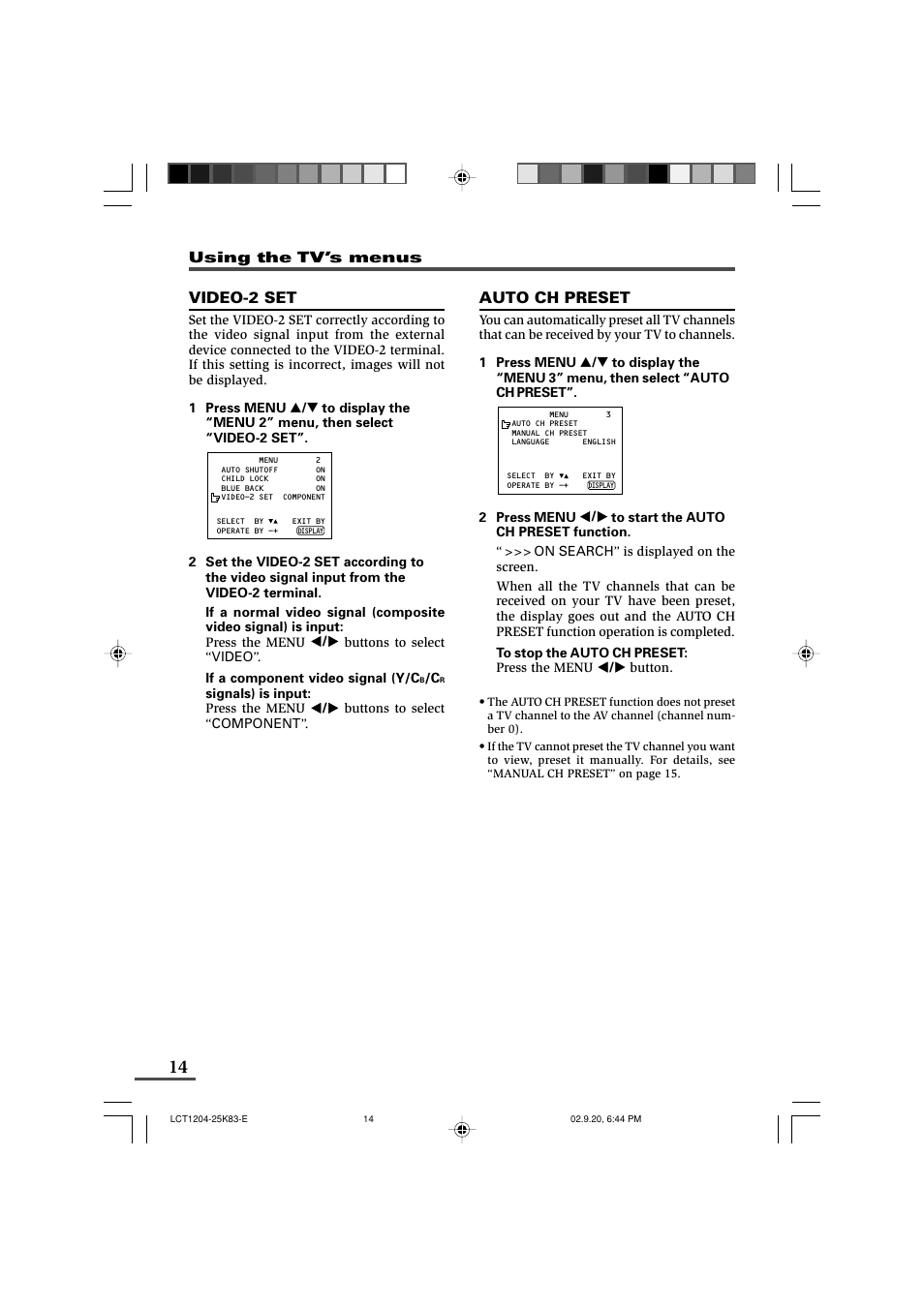 Video-2 set, Auto ch preset | JVC AV-20N83 User Manual | Page 14 / 22