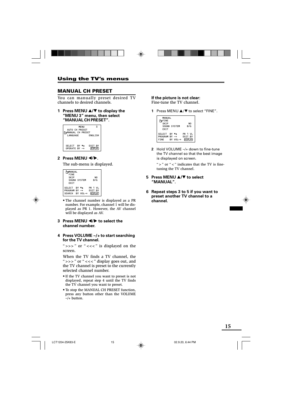 Manual ch preset | JVC AV-20N83 User Manual | Page 15 / 22