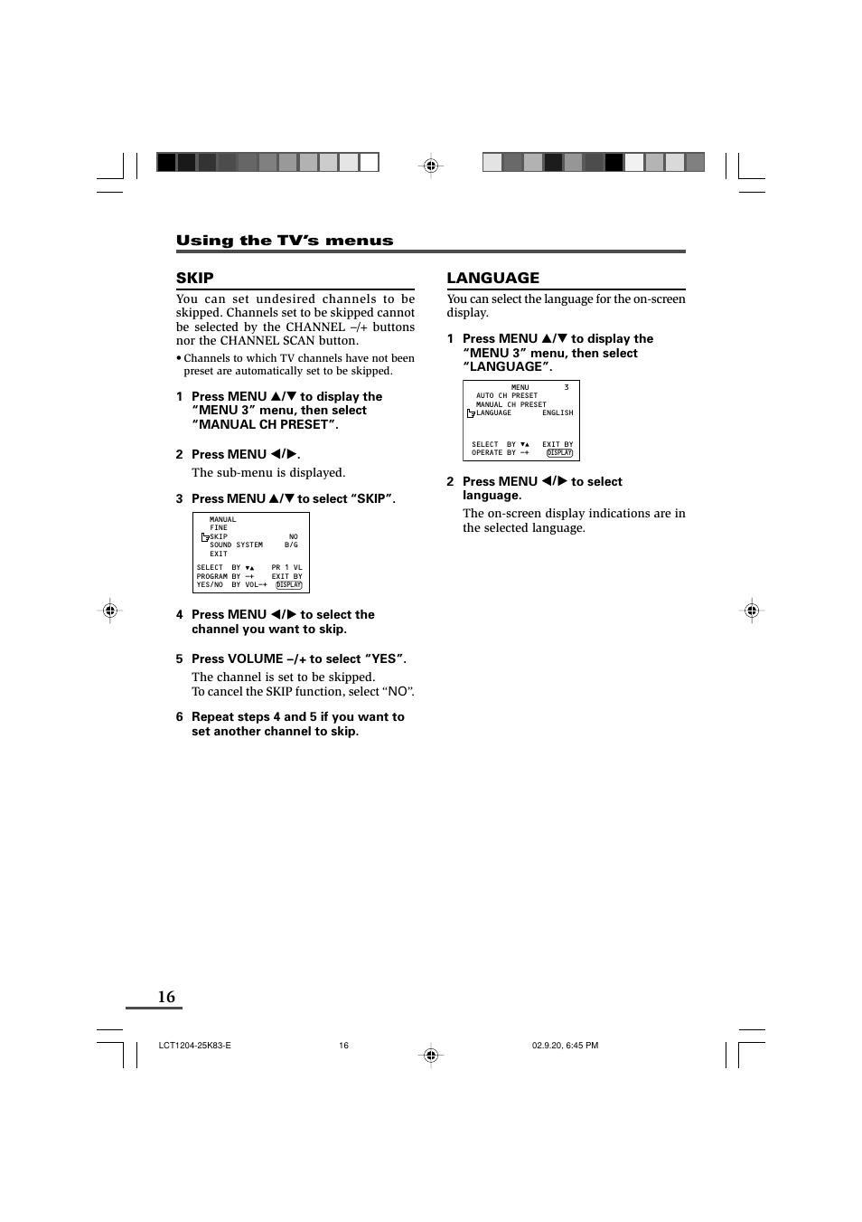 Skip, Language | JVC AV-20N83 User Manual | Page 16 / 22