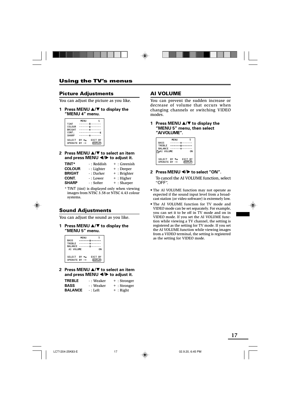 Picture adjustments, Sound adjustments, Ai volume | JVC AV-20N83 User Manual | Page 17 / 22
